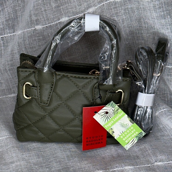 Badgley Mischka Mini Diamond Quilted Tote w/Front Lock Stone Olive Green & Gold - Picture 8 of 16